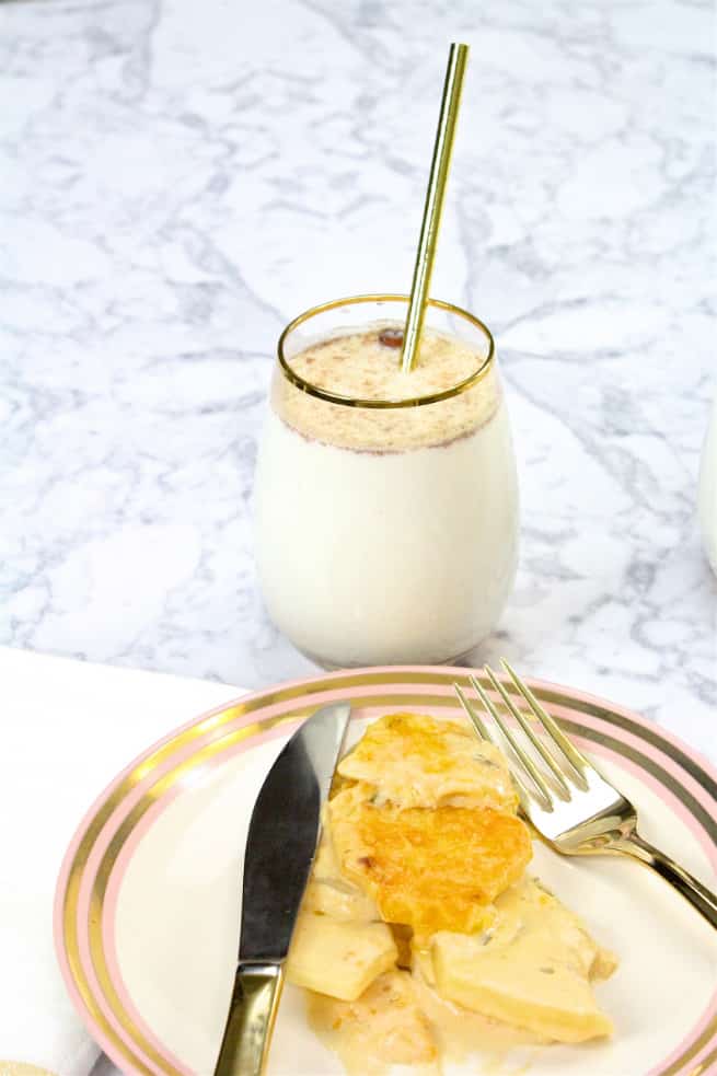 Pair cheesy savory potato casserole recipe and milk