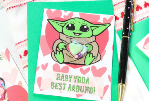 Free Printable Last Minute Valentine's Day Baby Yoda Shaker Cards!